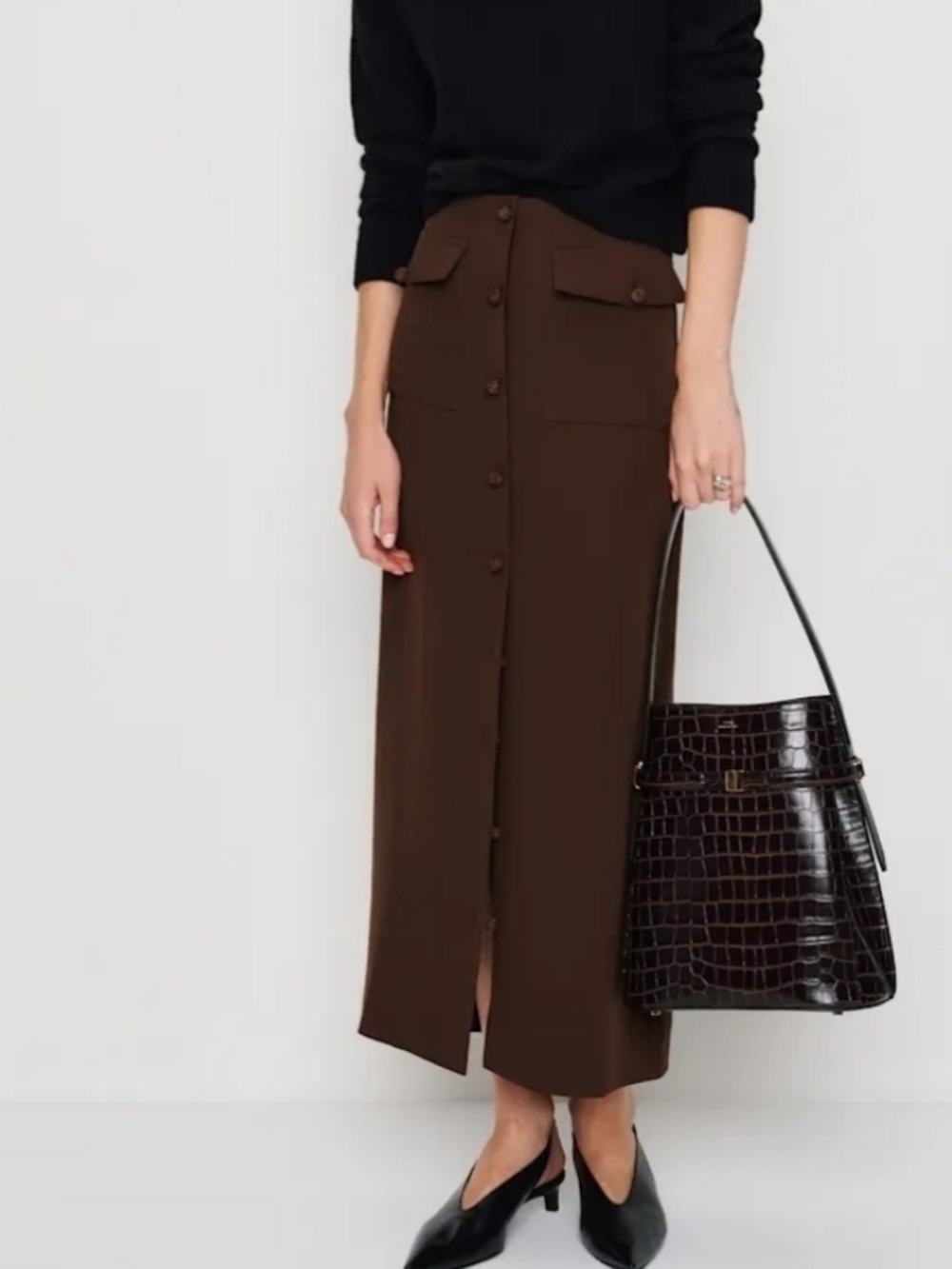 Reformation Brown Button-Front Midi Skirt